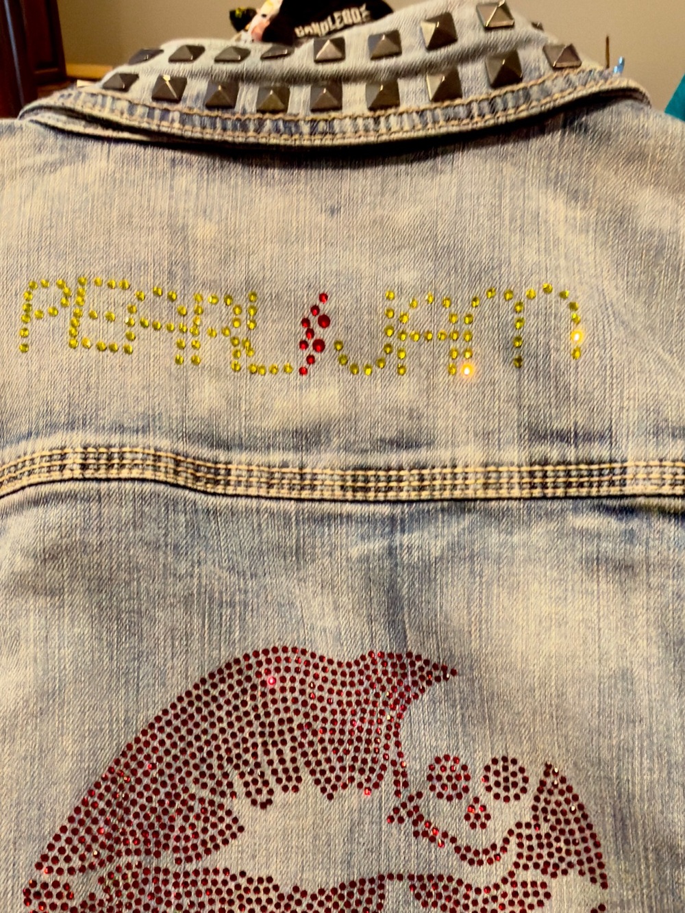 Pearl Jam Band Jean Jacket, Crystal Rhinestone designs. Rock Glam! Handmade. L